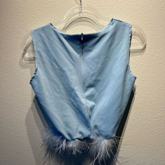 Feather Trim Light Blue Sleeveless Top - Picture 3 of 4